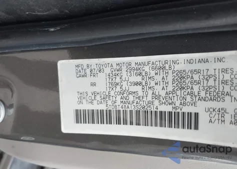 2003 Toyota Sequoia Limited V8 z USA, uszkodzony, nr VIN 5TDBT48A13S202514